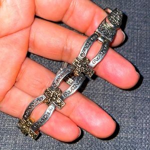 Pretty Cross Silvertone and Goldtone Magnet Clasp Bracelet with Swirl Design